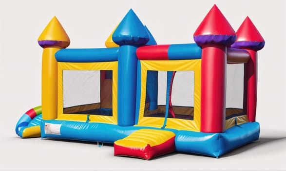 A colorful inflatable bounce house with castle towers stands on a white background. The bounce house is made of blue, red, yellow, and purple vinyl and has a small slide attached to one side.