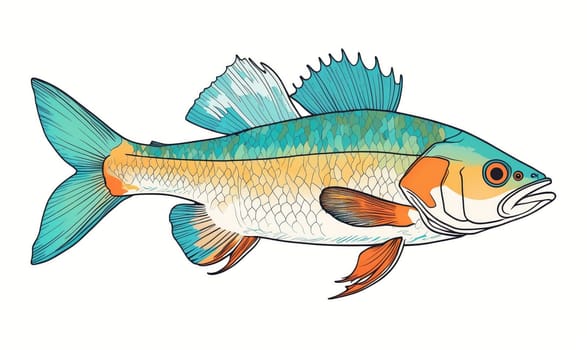 A cartoon illustration of a fish with bright turquoise, orange, and white markings swimming. It has a large, open mouth and large eye.