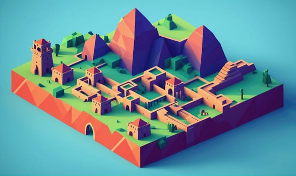 A 3D illustration of a city with various structures including castles, towers, and pyramids, all rendered in a low-poly style