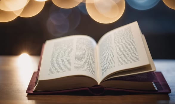A book lays open on a wooden surface. The pages are white and the text is black. The book is illuminated by warm, blurry lights.