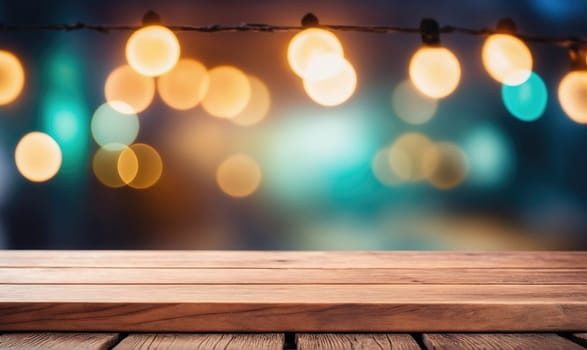 A close-up of a wooden tabletop with a blurred background of bright lights. The background is a dark blue with a few blurry, yellow lights and one large, blurred blue light.