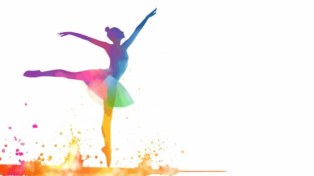 A ballet dancer executes a stunning leap, combining poise and motion. The colorful splashes around enhance the sense of movement and artistic expression in a dynamic performance - Generative AI