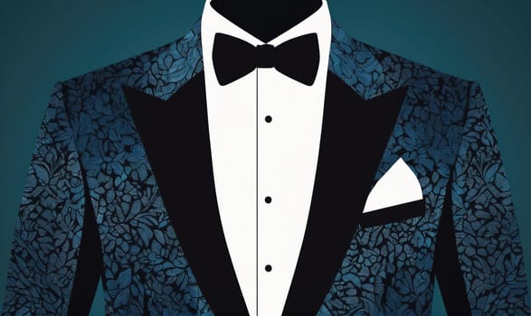 The image shows the front of a man's tuxedo jacket. The jacket is teal with a floral pattern and black lapels. The tuxedo is worn with a white shirt and a black bowtie.