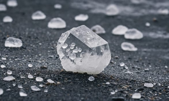 A large, multifaceted piece of ice sits on a dark, pebbly surface. Several smaller ice chunks are scattered around the large piece, creating a visually interesting contrast.