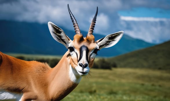 A Thomson's gazelle with long, slender horns is standing in a field. The gazelle is looking directly at the camera with a calm expression