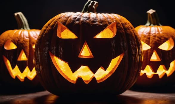 Three carved pumpkins with lit candles inside are arranged on a dark surface. The pumpkins have menacing expressions and are lit from within.