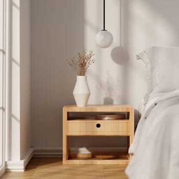 A 3D rendering of a minimalist bedroom featuring a wooden nightstand and vase, showcasing cozy interior design.