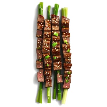 Beef Teriyaki tender beef strips glossy teriyaki glaze sesame seeds scallions Culinary and Food concept. Food isolated on transparent background