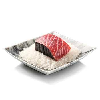 Wagyu nigiri marbled raw beef slice draped over rice mound in glass dish isolated on. Food isolated on transparent background.