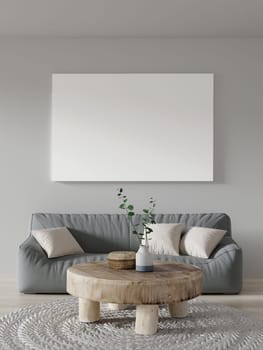 A 3D rendering of a contemporary living space with a sofa and wooden coffee table, showcasing stylish decor.