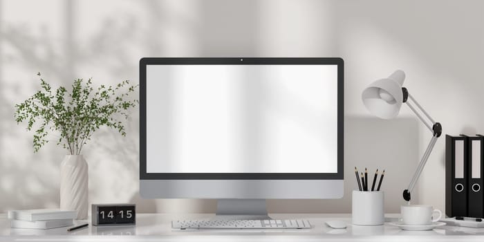 A 3D rendering of a minimalist workspace featuring a desktop computer and plant, ideal for a home office setup.