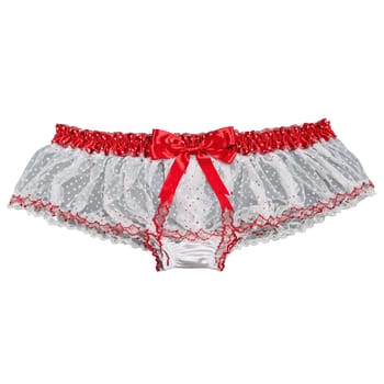 Sheer polka dot mesh garter belt contrasting red lace trim satin bows kinetic product shot. Woman lingerie isolated on transparent background.