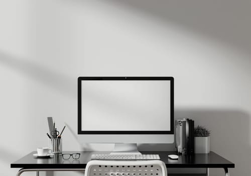 A 3D rendering of a sleek office desk with a computer and accessories, representing a professional workspace.