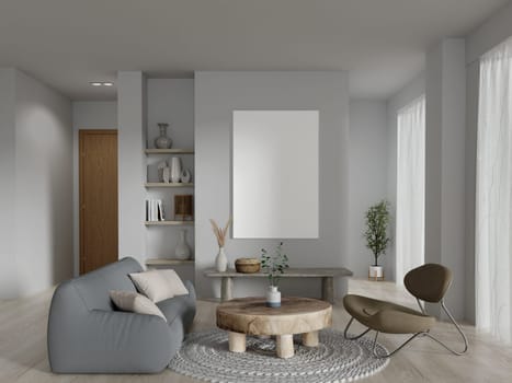 A 3D rendering of a modern living room with cozy seating and a blank canvas, offering interior design inspiration.