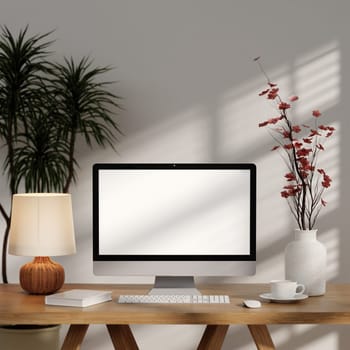 A 3D rendering of a home office with a desktop computer and natural elements, fostering a productive workspace.