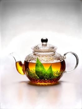Sakae naa tea glass teapot serrated leaves energy booster Thai herbal coffee. Drink isolated on transparent background.