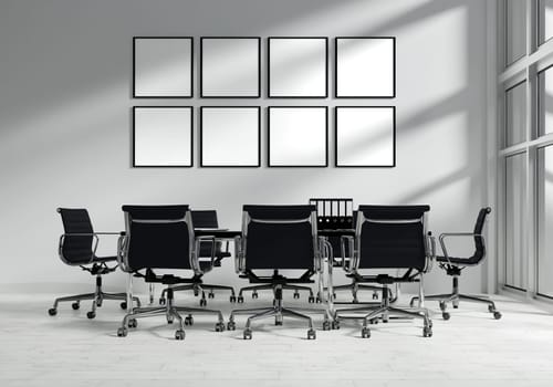 A 3D rendering of a modern conference room featuring black chairs and blank frames, showcasing office interior design.