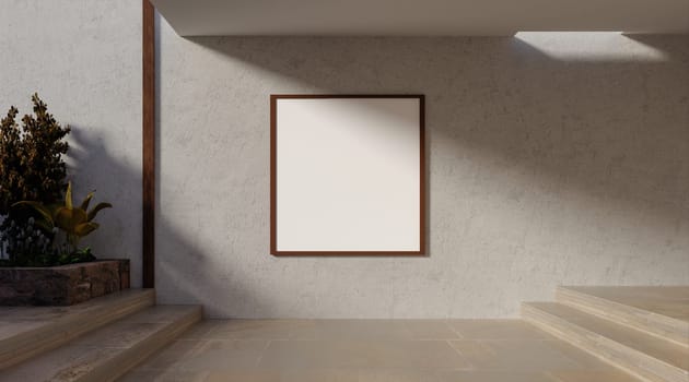 A 3D rendering of a minimalist outdoor wall with a blank frame, showcasing modern exterior design.