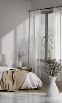 A 3D rendering of a sunlit bedroom with a bed and vase, showcasing tranquil interior design.