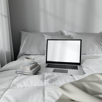 A 3D rendering of a cozy bedroom workspace with a laptop and coffee, offering a relaxed work environment.