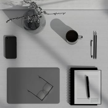 A 3D rendering of a top view of a minimalist desk with a notebook and coffee, illustrating an organized workspace.