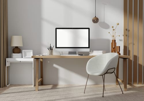 A 3D rendering of an elegant office desk with a computer and chair, representing a professional workspace.