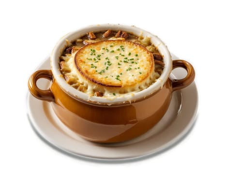 French Onion Soup Rich savory French onion soup topped with melted cheese and crispy bread. Food isolated on transparent background.