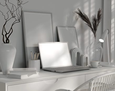 A 3D rendering of an artistic home office with a laptop and decorative elements, fostering a creative workspace.