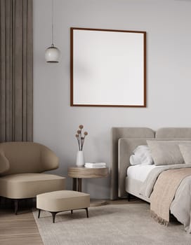 A 3D rendering of a modern bedroom with neutral tones and wall art, creating a relaxing atmosphere.