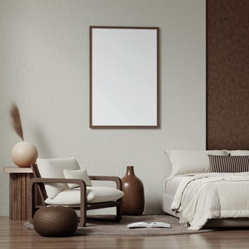 A 3D rendering of an elegant bedroom with an armchair and wall art, representing sophisticated decor.