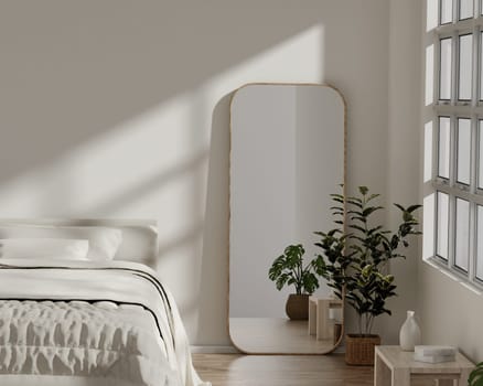 A 3D rendering of a bedroom with a large mirror and greenery, highlighting modern interior design.