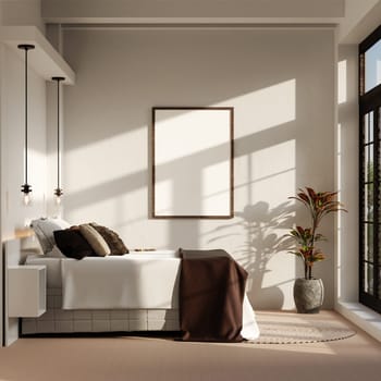 A 3D rendering of a contemporary living space with a sofa and wooden coffee table, showcasing stylish decor.