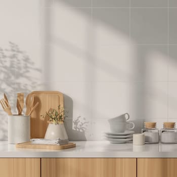 A 3D rendering of a minimalist kitchen counter with utensils and dishes, emphasizing clean design.