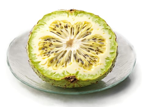 Cherimoya cut open to show the creamy interior served on a transparent glass plate custard. Food isolated on transparent background.