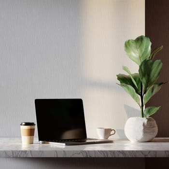 A 3D rendering of a minimalist workspace with a laptop and plant, creating a calm work environment.