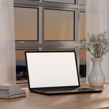A 3D rendering of an evening home office with a laptop and books, offering a serene work setting.