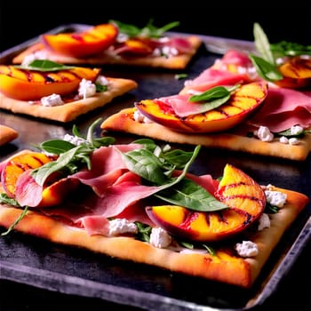 Grilled peach and prosciutto flatbread with grilled peaches prosciutto goat cheese and arugula on a. close-up food, isolated on transparent background