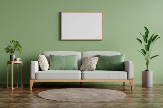 A 3D rendering of a green living room with a sofa and wall art, highlighting fresh interior design.