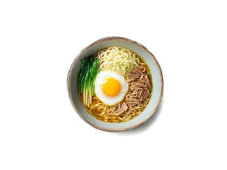Ramen noodles in broth with egg and green onions served on a transparent glass bowl. Food isolated on transparent background.