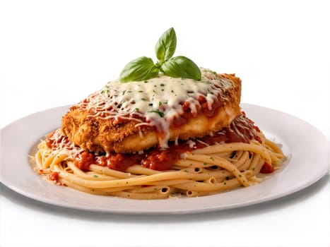 Chicken Parmesan Crispy chicken breast topped with tomato sauce and melted cheese served over bed. Food isolated on transparent background.