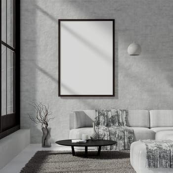 A 3D rendering of a modern living room with a large blank frame, emphasizing interior design focus.