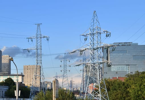 City scenery with a high voltage power line in Moscow, Russia