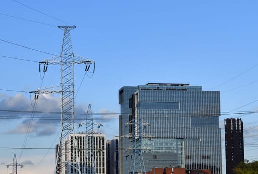 City scenery with a high voltage power line in Moscow, Russia