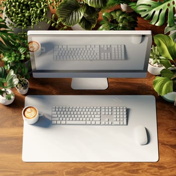 A 3D rendering of a top view of a desk with a computer and plants, illustrating green office design.