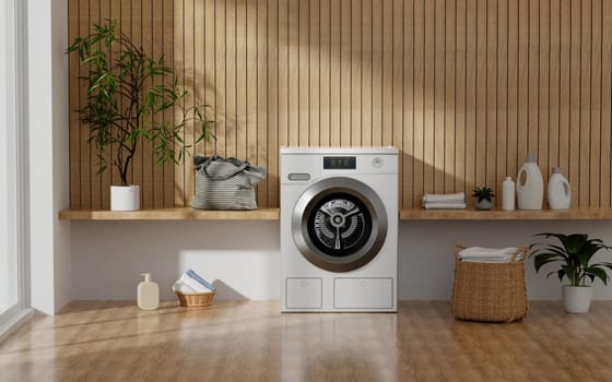 A 3D rendering of a spacious laundry room with a washer and storage, highlighting practical interior design.