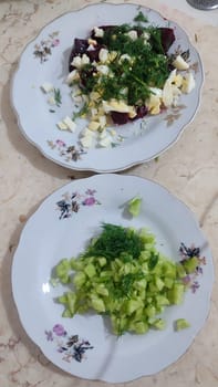 salad with eggs and dill food on a plate, cooking lunch dinner breakfast. High quality photo