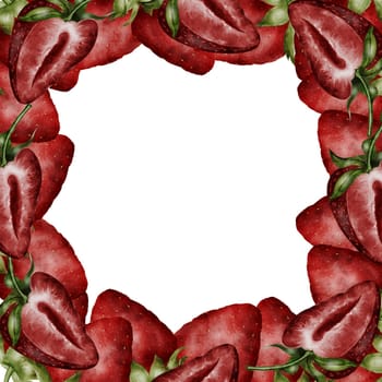 Strawberry watercolor frame. Hand drawn juicy berry realism on isolated white background. Clip art berries. Ideal for fresh food packaging and natural cosmetics stores. High quality illustration
