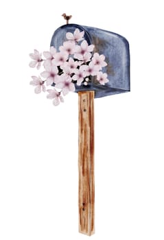 Mailbox watercolor. Vintage blue letter container on a wooden stand with cherry blossoms. Isolated clip art on white background. Ideal for postcards for Postal Day, Postal Worker. High quality illustration