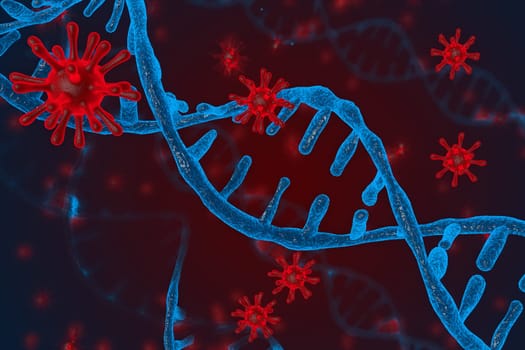 3D illustration of DNA and coronavirus disease infection COVID-2019 in microscope. Concept of virus integrates into the human cellular mechanism.