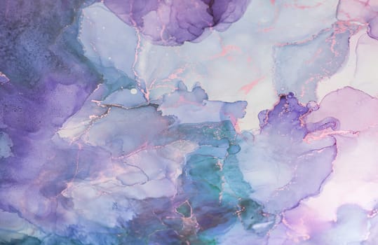 This artwork showcases an abstract design highlighted by fluid blends of purple and teal hues, accented with intricate lines, evoking a sense of tranquility and creativity.